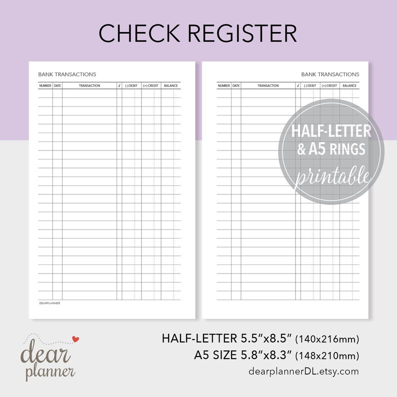 Printable Checkbook Sign-up - Lender Transaction Tracker - Economical Planner Increase - Fifty percent Letter / A5 dimensions - H35 image relating to Printable Check Register known as Printable Checkbook Sign-up - Financial institution Transaction Tracker - Money Planner Add - 50 percent Letter / A5 dimensions - H35
