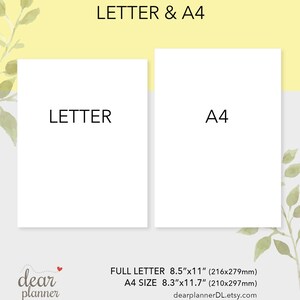 Puede incluir: Dos rect&aacute;ngulos blancos con las palabras "LETTER" y "A4" impresas en negro. Los rect&aacute;ngulos est&aacute;n sobre un fondo amarillo con hojas verdes de acuarela. El texto debajo de los rect&aacute;ngulos dice "FULL LETTER 8.5"x11" (216x279mm) A4 SIZE 8.3"x11.7" (210x297mm) dearplannerDL.etsy.com".