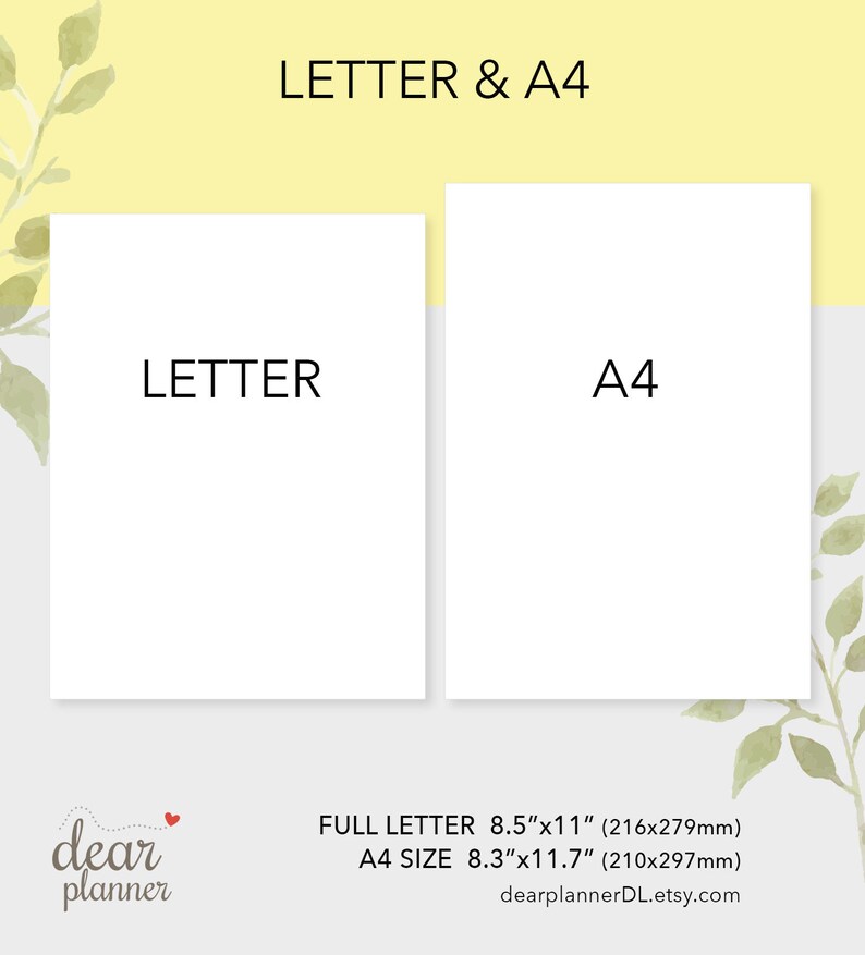 Puede incluir: Dos rect&aacute;ngulos blancos con las palabras "LETTER" y "A4" impresas en negro. Los rect&aacute;ngulos est&aacute;n sobre un fondo amarillo con hojas verdes de acuarela. El texto debajo de los rect&aacute;ngulos dice "FULL LETTER 8.5"x11" (216x279mm) A4 SIZE 8.3"x11.7" (210x297mm) dearplannerDL.etsy.com".
