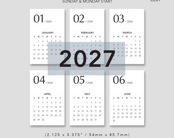 Monatsplaner-Karten 2027 – Minikalender – Start Sonntag & Montag – Minimalistisches Design – PDF-Download CC01