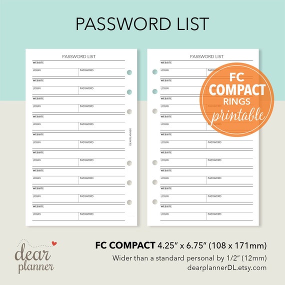 fc compact printable password list insert website login tracker password keeper fc compact rings f28 printable password list
