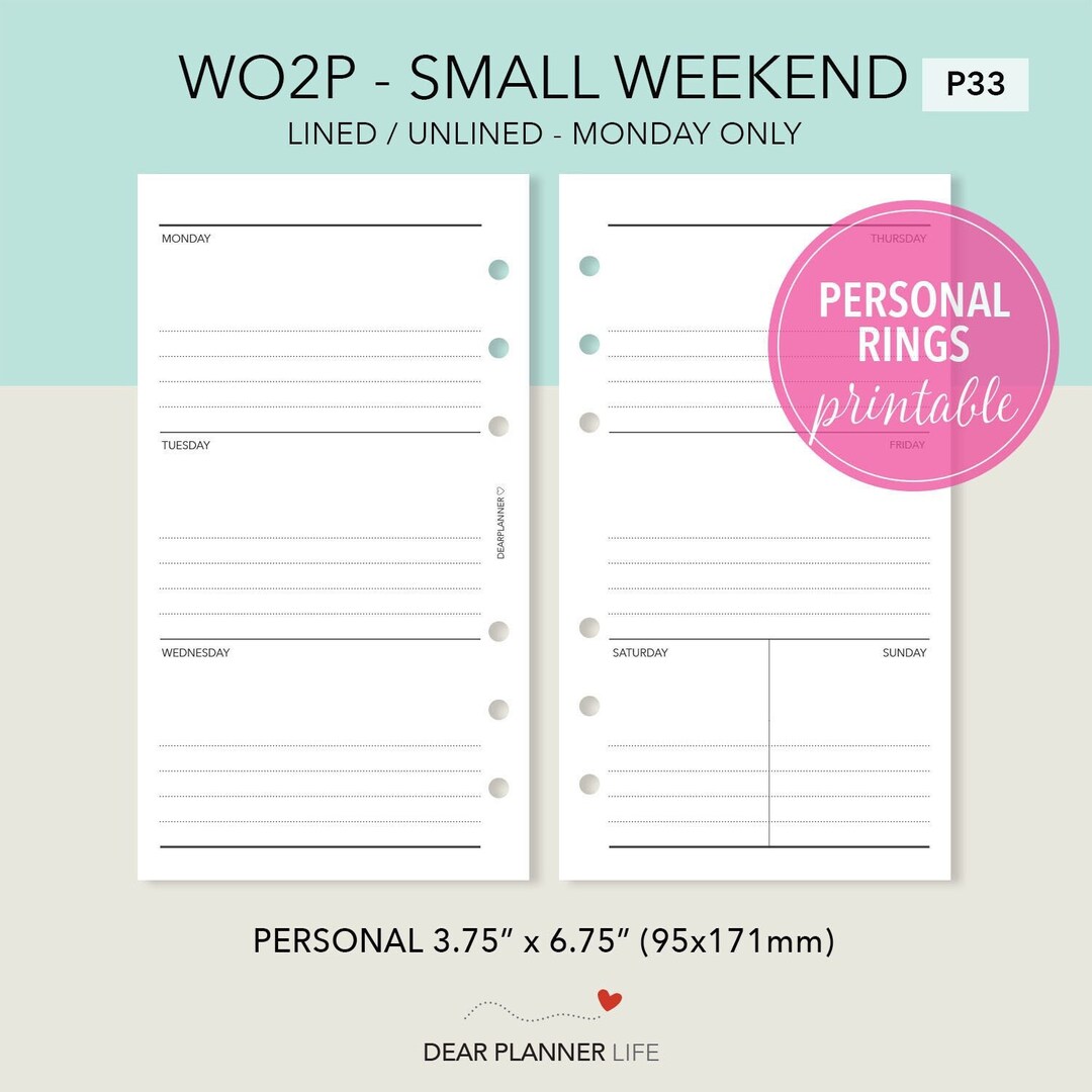 Printable Small Weekend Undated Wo2p - Horizontal Week on 2 Pages ...