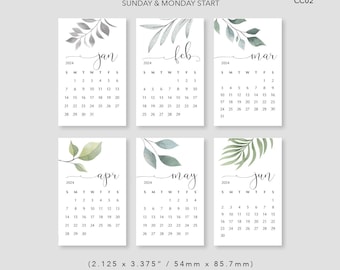 2026 Monatliche Planer Karten - Minikalender - Sonntag & Montag Start - Laubblätter - PDF Digital Download CC02