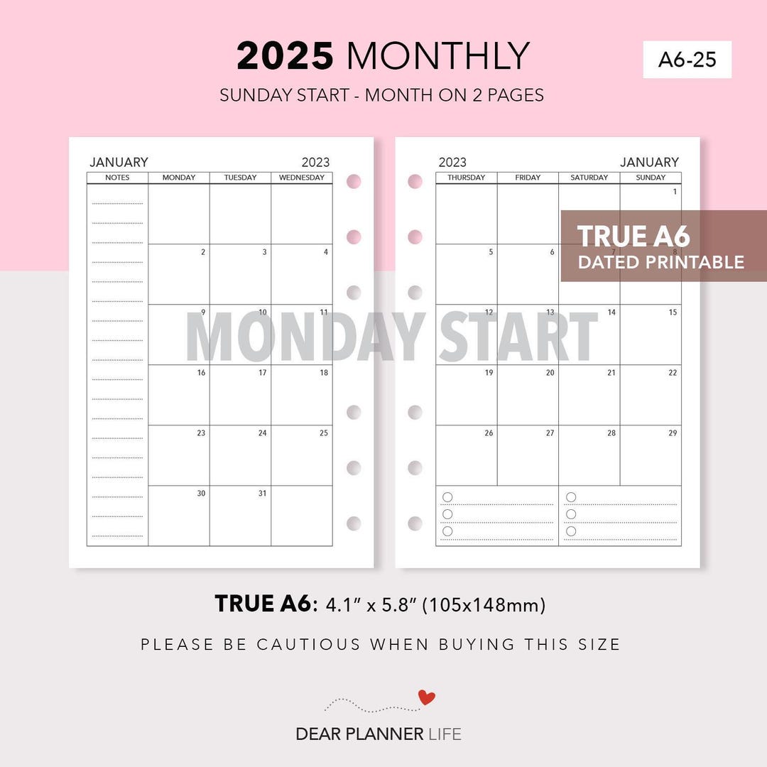 2025 Month on 2 Pages MONDAY Start Mo2p Calendar Dated Monthly Calendar ...