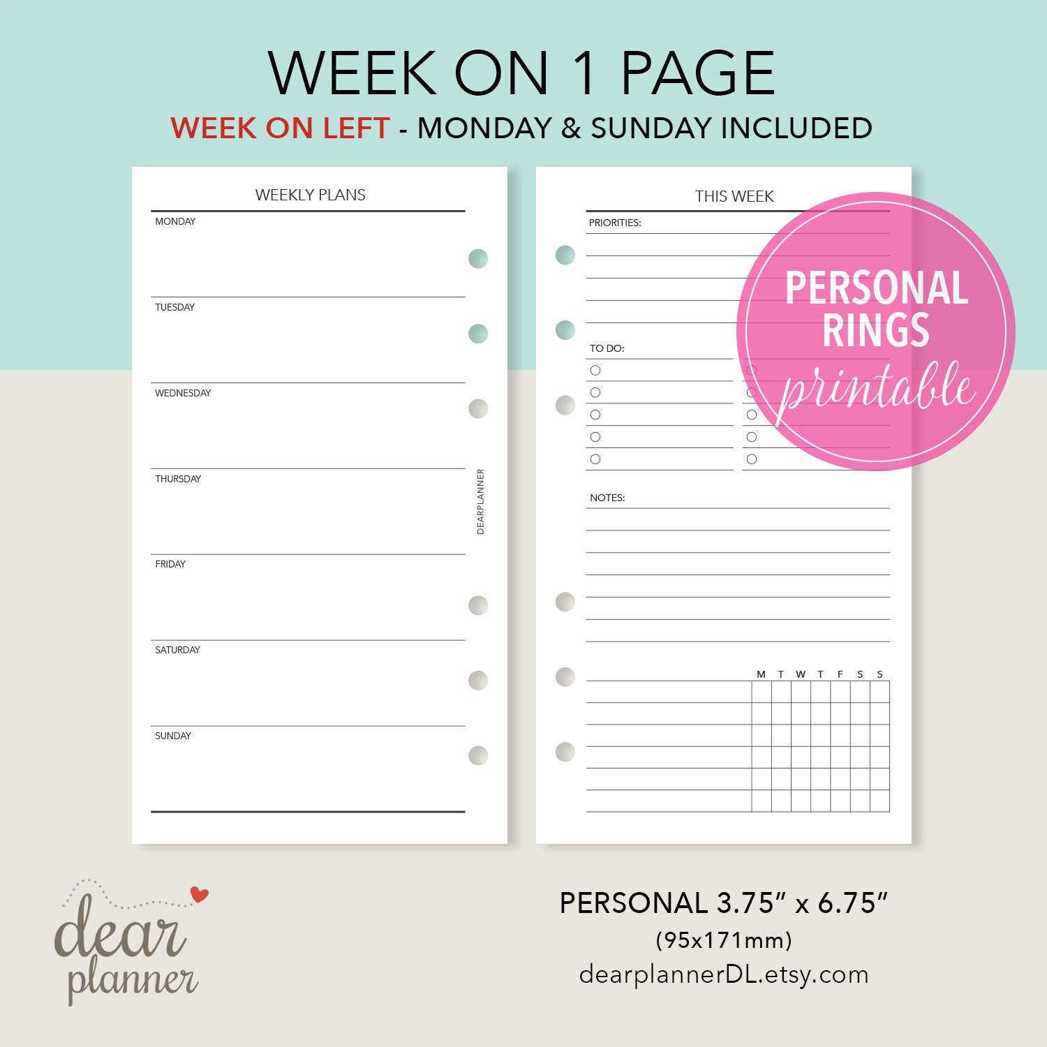 Paper H07 Half Letter & A5 size Printable Weekly Planner Insert Week on ...