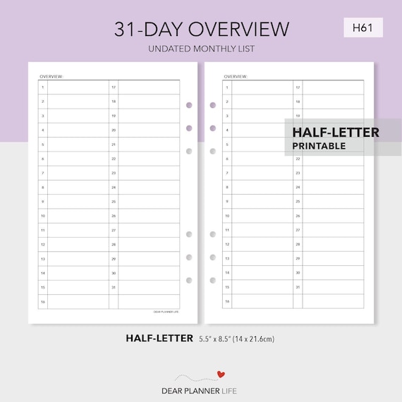 Printable Monthly List 2 Columns - 31 Days List - Month on 1 Page List Format - Half Letter PDF - Fits Tul/Arc Junior - H61