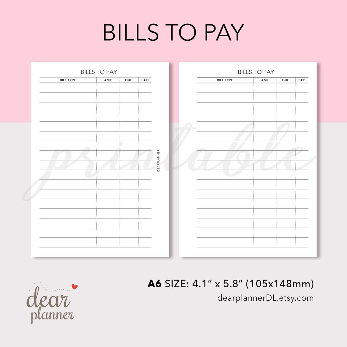 Printable Bills To Pay Insert Bill Pay Tracker Financial Etsy