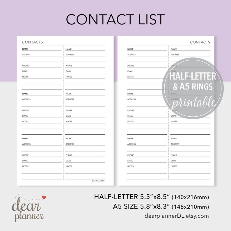 PRINTABLE Contact List Insert Address Keeper Phone List Etsy UK