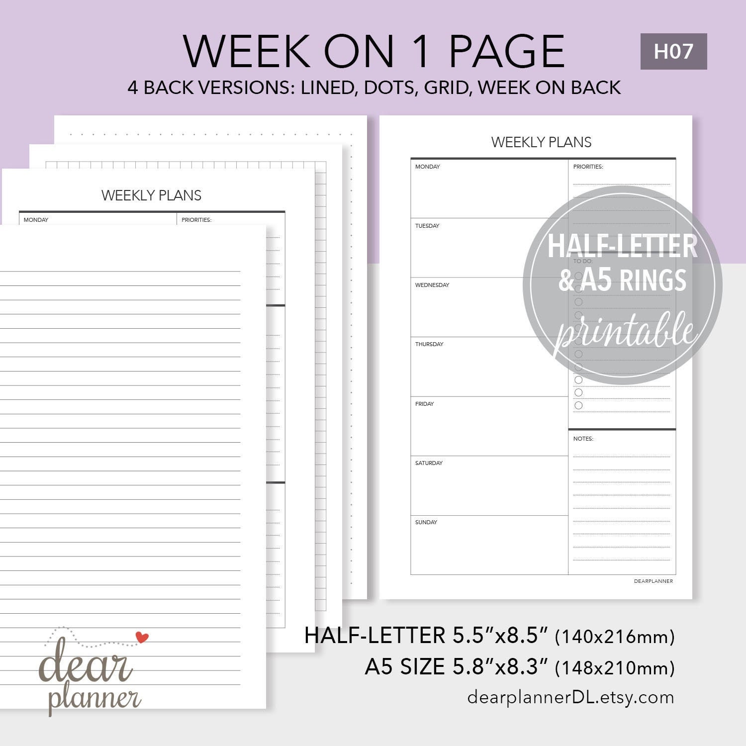 Paper H07 Half Letter & A5 size Printable Weekly Planner Insert Week on ...