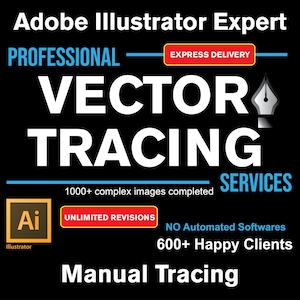 Könnte beinhalten: Schwarze Grafik mit weißem Text, der Adobe Illustrator Vektorisierungsdienste bewirbt. Der Text enthält "Professionelle Vektorisierungsdienste", "Expressversand", "Unbegrenzte Überarbeitungen" und "Manuelles Tracing". Das Bild enthält auch das Adobe Illustrator-Logo.