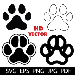 May include: Four paw print designs in black and white. The designs include solid black, outlined, and combinations of both. The text "HD VECTOR" is in red. The bottom of the image includes the text "SVG EPS PNG JPG PDF".