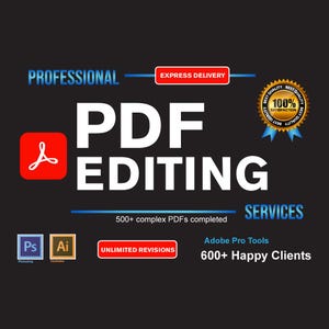 Może przedstawiać: Czarny grafika ze słowami "PDF EDITING" dużymi białymi literami. Obraz zawiera tekst "PROFESSIONAL", "EXPRESS DELIVERY", "SERVICES", "UNLIMITED REVISIONS" i "600+ Happy Clients". Jest czerwony kwadrat z białym ikoną.