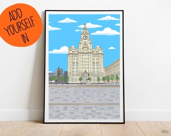 ADD YOURSELF IN Liverpool's Liver Building Personalised Portrait Art Print