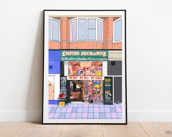 Peut inclure: Une illustration encadrée d'un magasin appelé "Empire Exchange" avec le texte "Collectors Centre Memorabilia" et les mots "We Buy - We Sell - We Trade" sur la devanture. La vitrine du magasin est remplie de divers articles, dont des disques, des jouets et d'autres objets de collection.