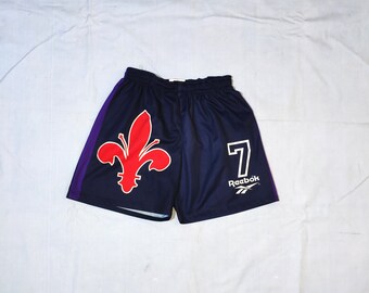 Rare 90s Fiorentina Football Soccer Shorts par Reebok, Taille L, Couleur Bleu Foncé/Rouge/Violet