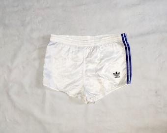 Adidas vintage Trefoils Running Shorts des années 1990, Taille D 152, UK 28, I 12, Blanc/Bleu