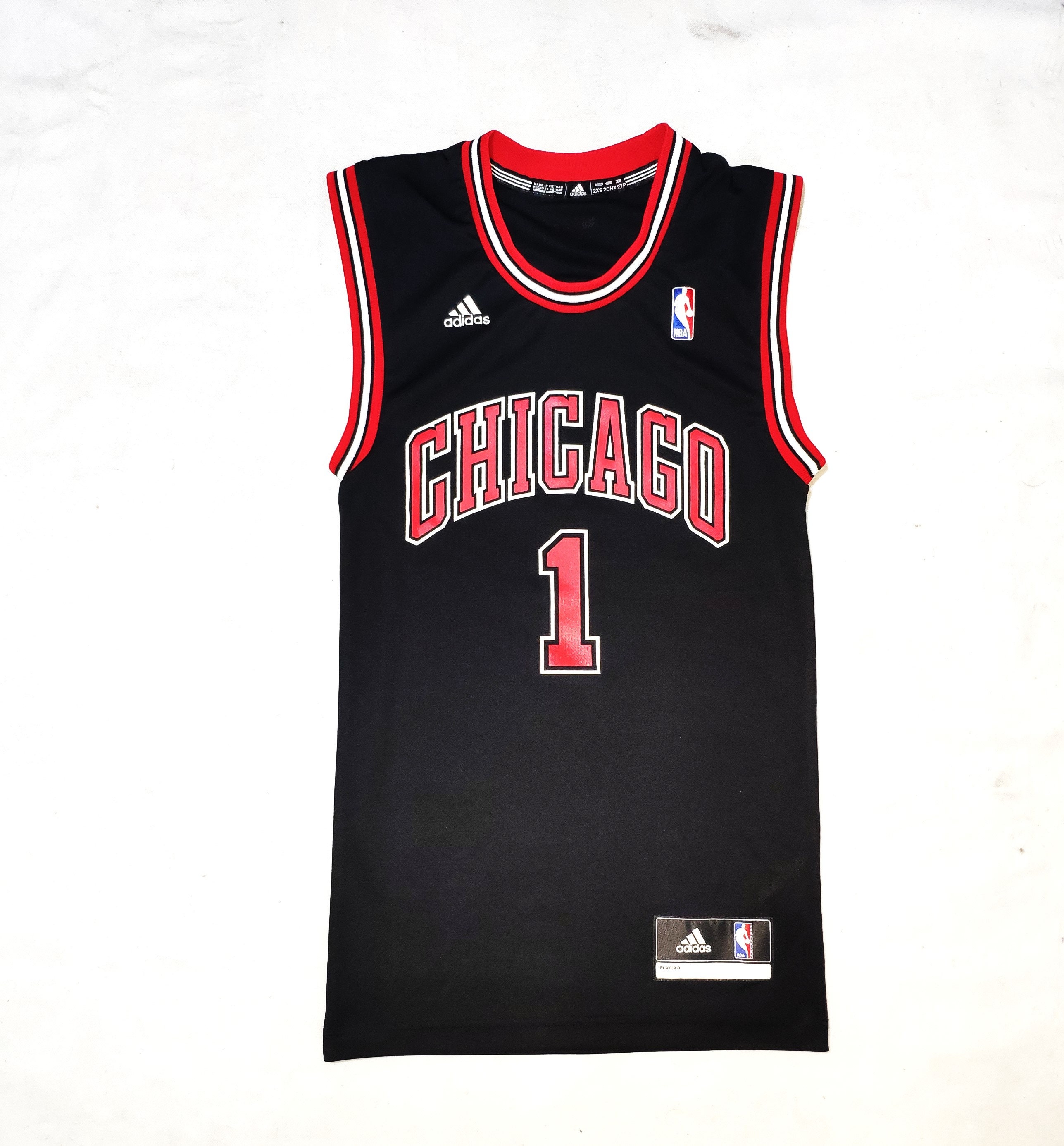 Authentic Chicago Bulls #1 Rose Basketball NBA Jersey, Made By Adidas Trefoil, Size 2XS, Black/Red