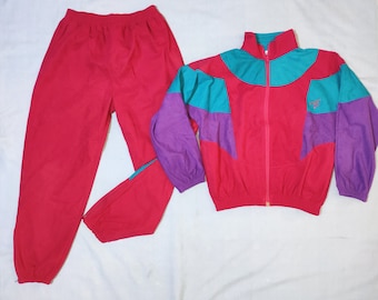 Survêtement de course de sport vintage des années 1980 fabriqué en Italie par Babycresci, taille 13 ans, violet/vert