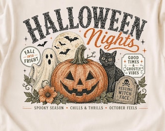 Halloween nights PNG, Vintage Halloween shirt Design, Retro pumpkin ghost PNG, Spooky season sublimation, black cat, Fall Halloween PNG