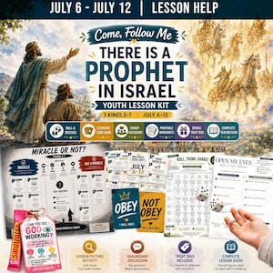 Pode incluir: Um kit de lições para jovens intitulado Come, Follow Me There Is A Prophet In Israel para 6-12 de julho. Inclui um jogo de cartas, fichas imprimíveis, etiquetas para presentes e um guia do professor com imagens e atividades religiosas.