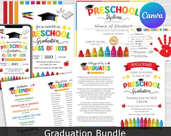 Preschool Graduation Bundle, Graduation Invitation, Graduation Program, Electronic Template, Preschool Diploma, Handprint art, Canva
