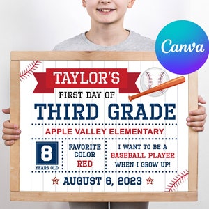 Editable Last day of School Sign, Any Grade 1st Day of School sign, Back to School Print, Baseball First Day of  School, Reusable Sign