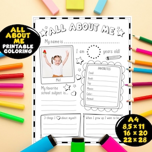 May include: A black and white printable "All About Me" worksheet for kids. It includes sections for name, age, favorite things, and a space for a photo. The worksheet is decorated with stars and hearts.
