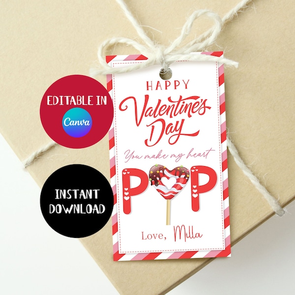 Printable You make my heart POP Valentine Card Tag Editable, Cake Pop Valentine's Tag, Valentine Treat, Personalized Valentine's Tag, Canva