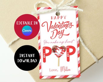 May include: A printable Valentine's Day gift tag with a red and white striped background. The tag features a heart-shaped lollipop with chocolate and sprinkles. The text reads "Happy Valentine's Day You make my heart POP Love, Milla".