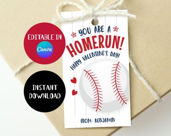 Etichetta regalo di San Valentino di baseball modificabile, Sei un fuoricampo Buon San Valentino, Etichetta regalo di San Valentino per la scuola in classe, Modello Canva