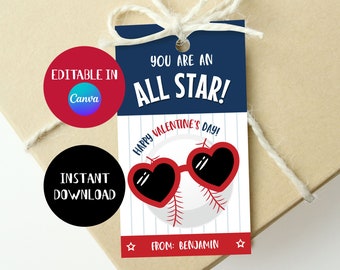 Etichetta regalo di San Valentino con tema baseball modificabile, sei un ALL STAR, buon San Valentino, etichetta regalo di San Valentino per la scuola in classe, modello Canva