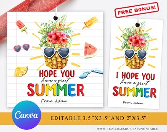 Redigerbar sista skoldagen-etikett Jag hoppas att du får en bra sommar Skoletiketter Presentetikett Slutet av året-etikett Canva-mall Utskrivbar, Ananas