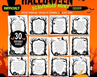 Difficult Halloween Treasure Hunt Clues, Challenging Halloween Scavenger Hunt Clues, Difficult Teens Game, Game for Adults, Indoor Halloween