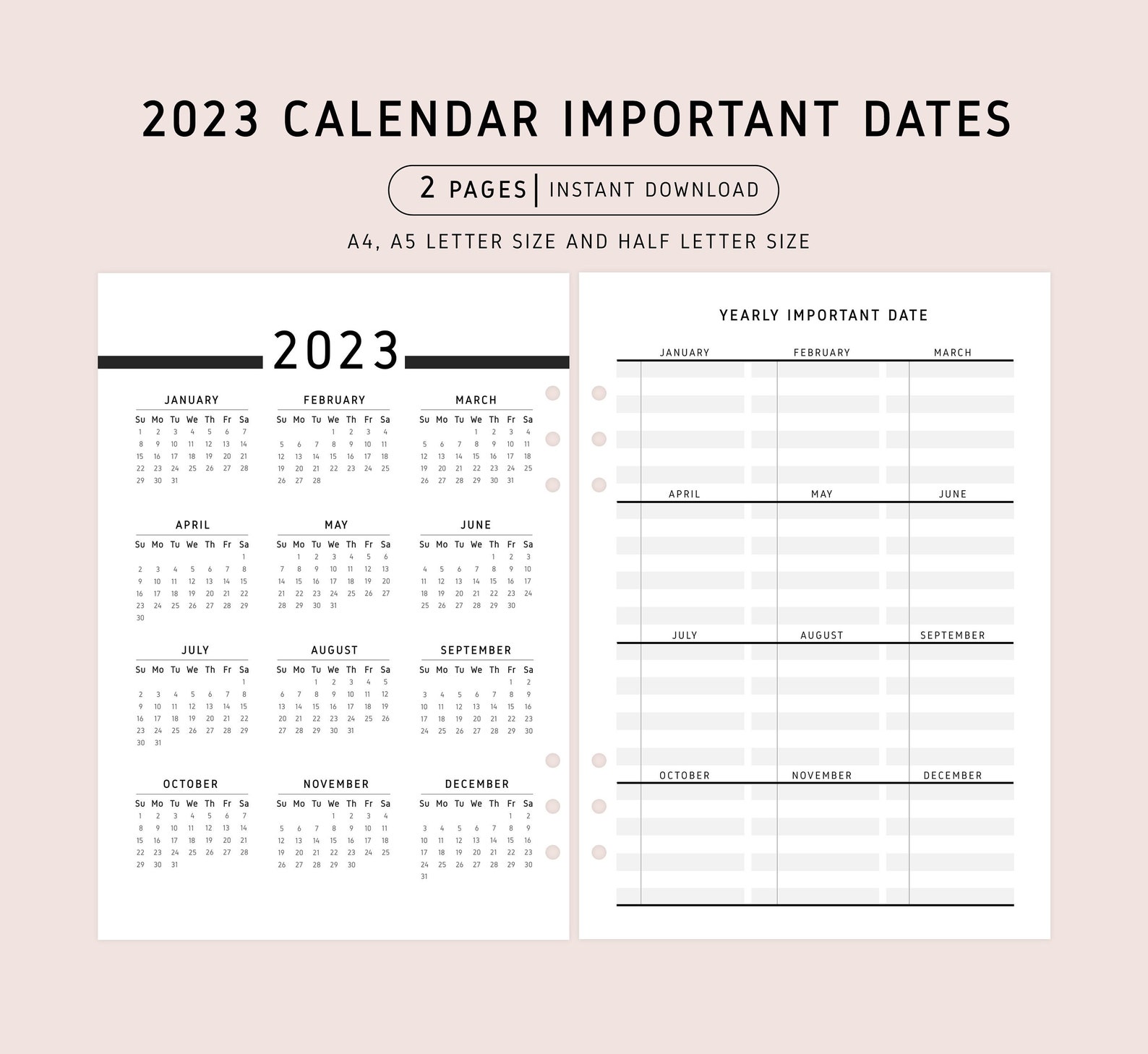 2023 Calendar Dates Page Printable for Important Dates - Etsy