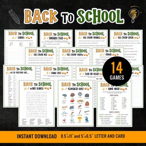 Puede incluir: Un conjunto de 14 juegos de Vuelta al Cole, incluyendo sopas de letras y trivial, impresos en papel blanco con gráficos coloridos. La imagen incluye el texto "Descarga instantánea 8.5"x11" y 5"x6.5" Carta y Tarjeta".