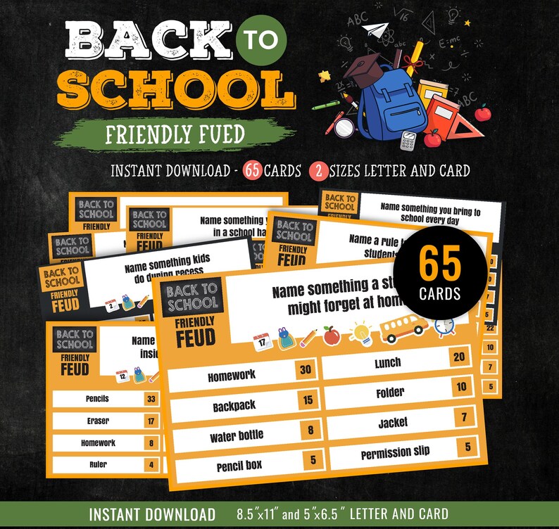 May include: A set of "Back to School Friendly Feud" cards with a black background. The cards feature various school-related topics and answers. The image includes the text "Instant Download - 65 Cards - 2 Sizes Letter and Card".