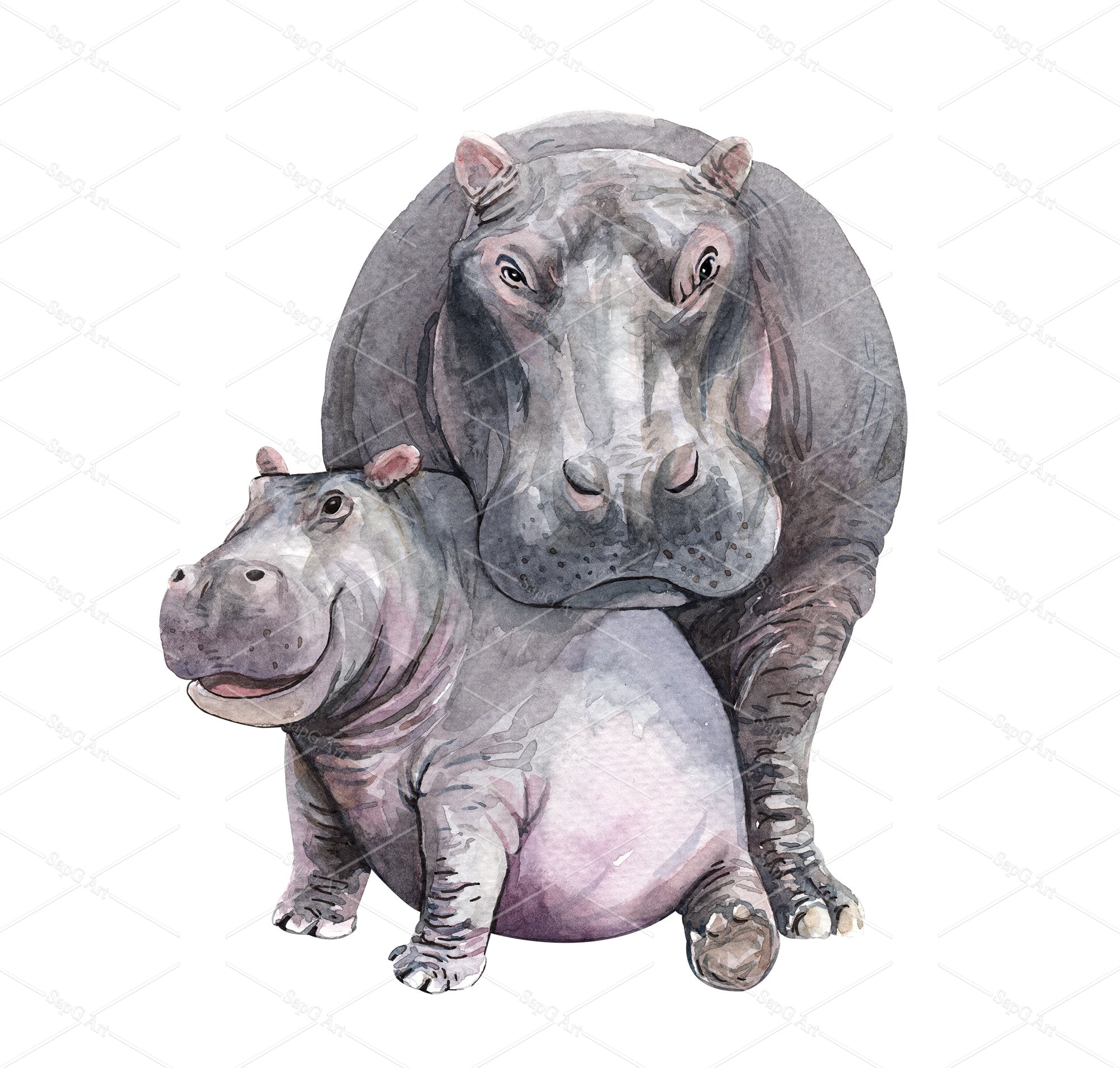 Watercolor Mom and Baby Hippo illustration. Hippopotamus Etsy