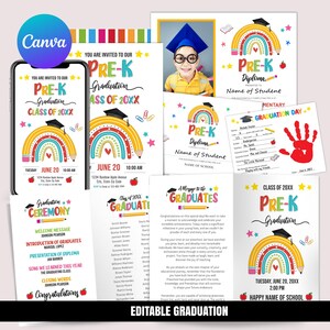 Paquete de graduación de preescolar, invitación de graduación, programa de graduación, plantilla electrónica, diploma de preescolar, arte con huella de mano, Canva editable