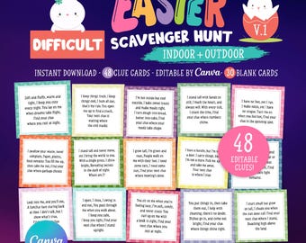 Könnte beinhalten: Ein druckbares Osterschnitzeljagd-Spiel für Teenager und Erwachsene. Das Spiel enthält 48 Hinweis-Karten mit bunten Hasen-Illustrationen und dem Text "Difficult Scavenger Hunt" und "Indoor + Outdoor".