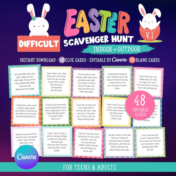 Pistas para una búsqueda del tesoro de Pascua difícil, pistas desafiantes para una búsqueda del tesoro de Pascua, Pascua difícil para adolescentes, juego de búsqueda del tesoro para adultos, Canva