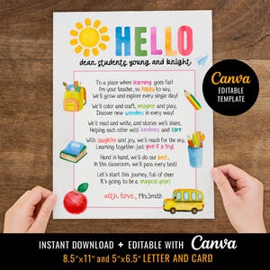 Hallo terug naar school-kaart, leraarscadeau voor studenten aan het begin van het jaar, 1e dagkaart, welkomstbrief van leraar, canva, instant
