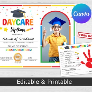 Diploma di asilo nido modificabile con foto, certificato di asilo nido, risorse per insegnanti, modello di certificato di laurea personalizzabile, modello Canva
