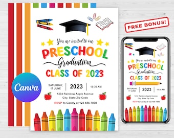 Editable Preschool Graduation Invitation, PreK Announcement Party Invite, Preschool Electronic Template, Editable Printable Template, 2023