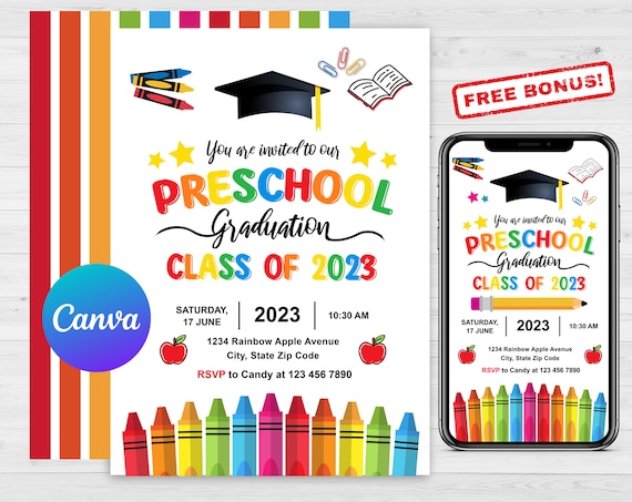 Editable Preschool Graduation Invitation, PreK Announcement Party Invite, Preschool Electronic Template, Editable Printable Template, 2023