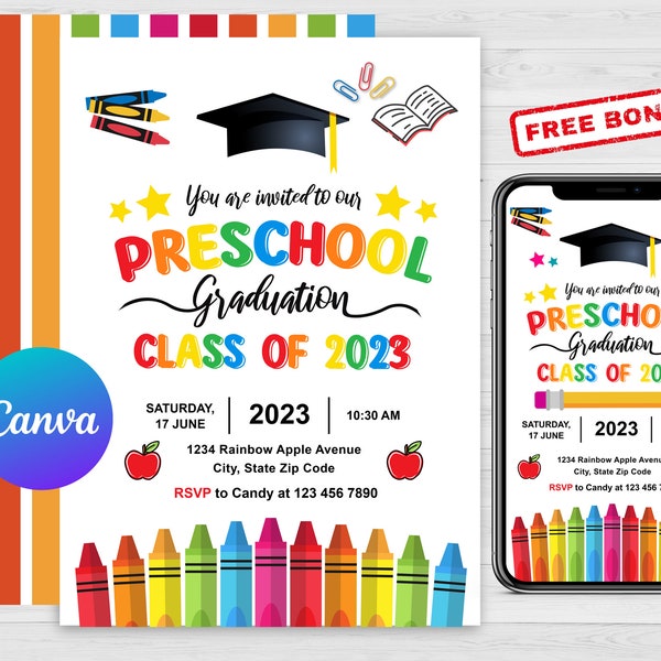 Editable Preschool Graduation Invitation, PreK Announcement Party Invite, Preschool Electronic Template, Editable Printable Template, 2023