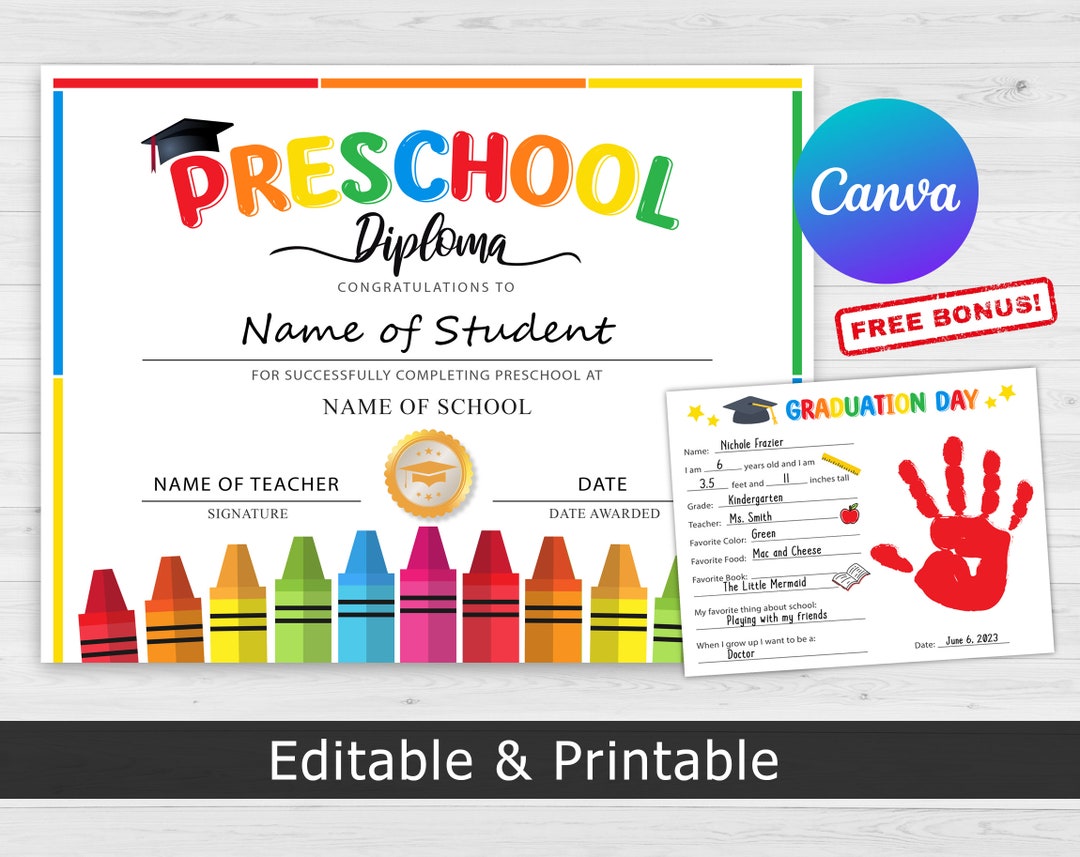 Preschool Graduation Certificate, Preschool Diploma, Preschool
