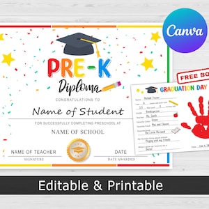 Pre-K-Abschlusszertifikat, PreK-Diplom, Pre-K-Zertifikat, Lehrerressourcen, anpassbare Zertifikatsvorlage