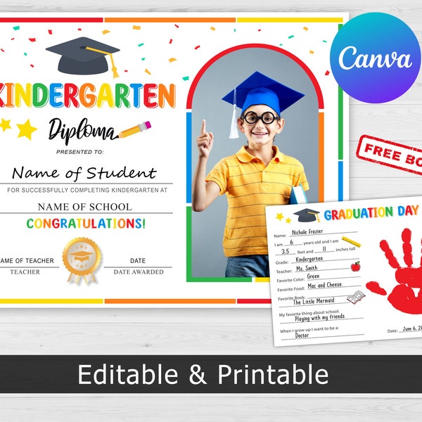 Editable Kindergarten Diploma with Photo Kindergarten Diploma Kindergarten Certificate, Teacher Resources, Customizable Certificate Template