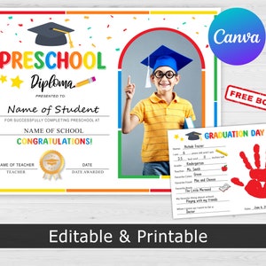 Bearbeitbares Vorschuldiplom mit Foto, Vorschuldiplom, Vorschulzertifikat, Lehrerressourcen, anpassbare Zertifikatsvorlage, Canva