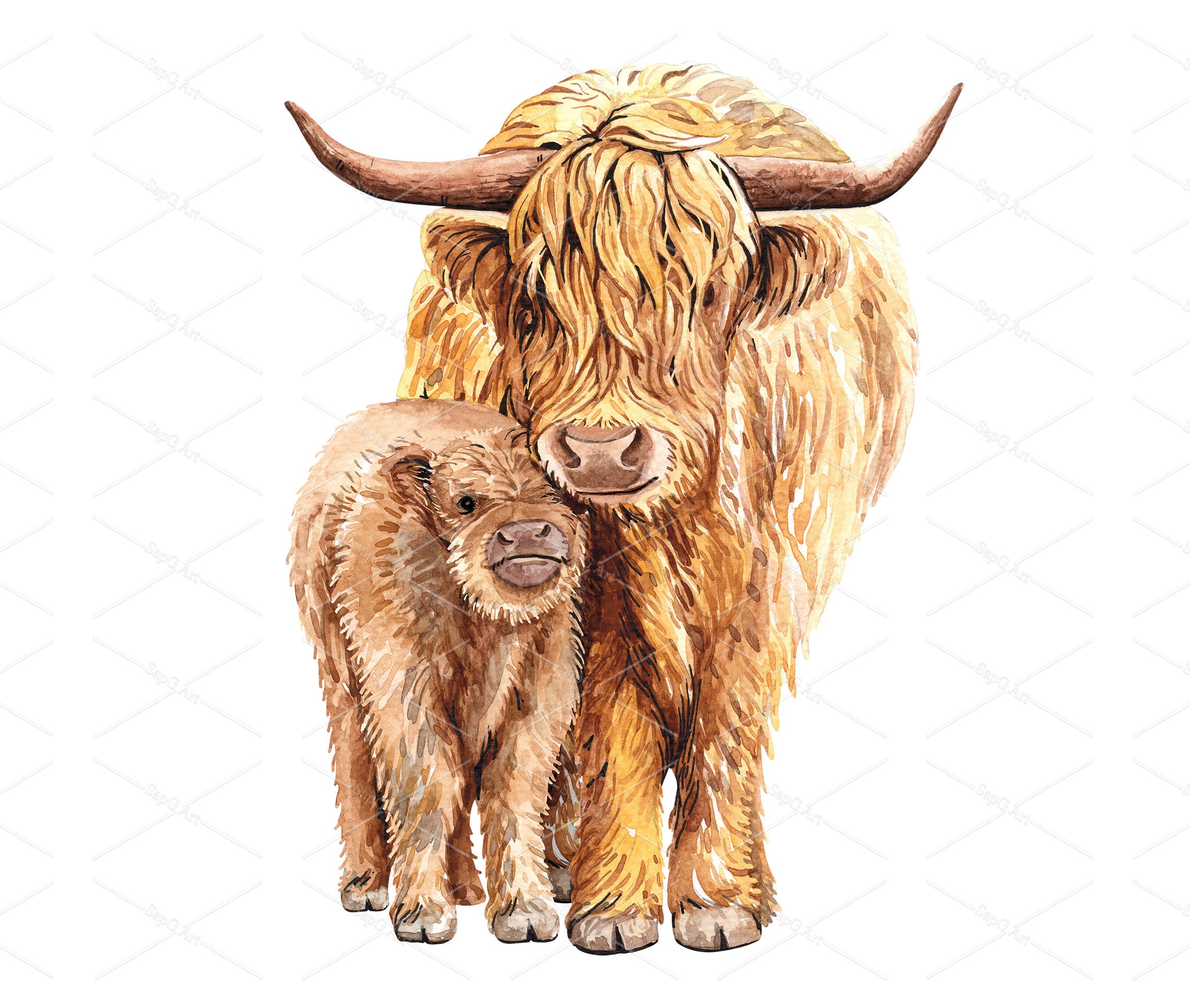 Watercolor Mom and Baby Yak for Baby Shower, Print on Demand, Rose